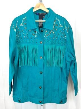 I.B. DIFFUSION Embellished Fringe Jacket Western Cotton Teal Blue Green Size 14